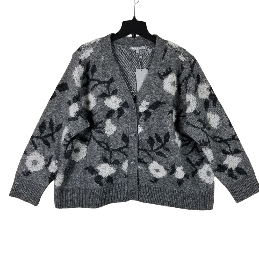Daniel Rainn Cardigan Women 3X Gray Floral Fuzzy Knit Button Front DX70699SP5